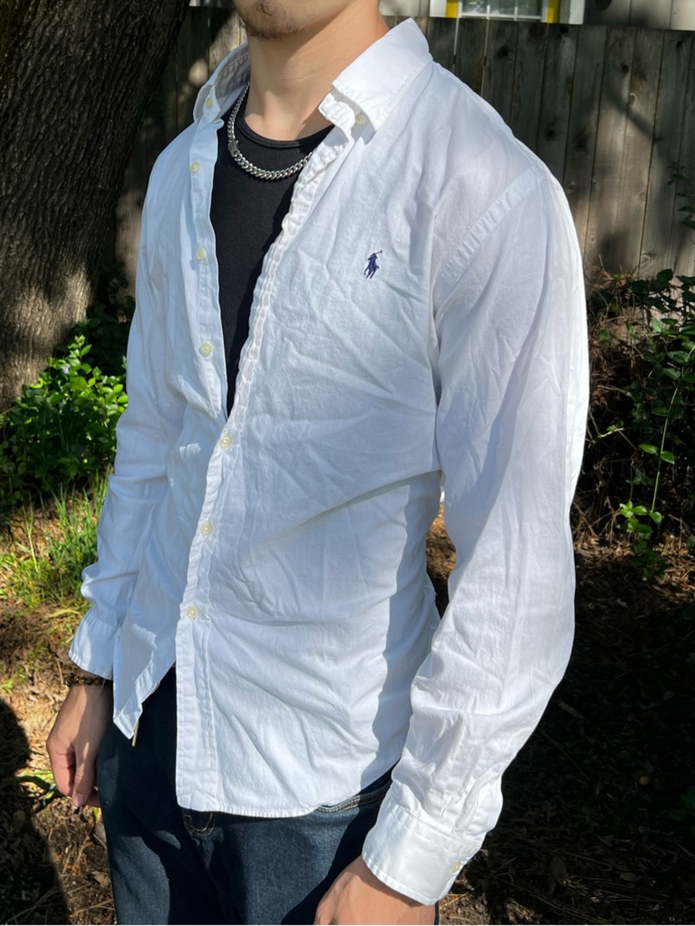 Ralph Lauren White Button-Down Shirt MEN CUSTOM FIT Navy Polo Logo long sleeve - Picture 2 of 10